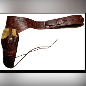 Vtg Hand Tooled Leather Feather Emboss Western Gun Belt Bandolier Holster Sz 40
